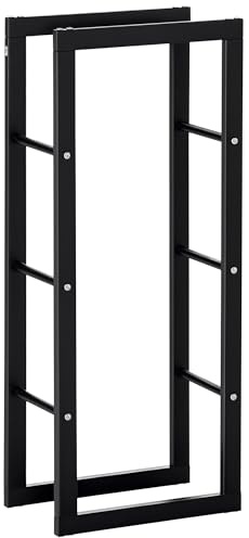 HOMCOM Kaminholzregal Metall 40 x 25 x 100 cm Brennholzregal Stapelhilfe Stahlrahmen bis 100kg Kaminholzunterstand Outdoor Holzregal Feuerholzregal für Garten Terrasse Außen Schwarz