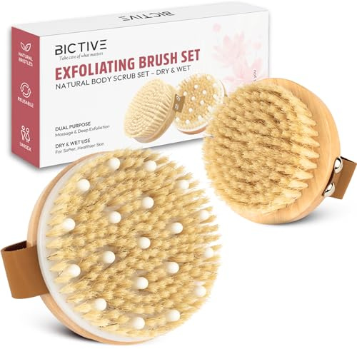 BICTIVE® Premium-Set mit 2 Körperbürsten aus Naturborsten. Trockenbürste & Nassbürste gegen Cellulite, für Lymphdrainage, bessere Durchblutung & strahlende Haut. Dry Brush aus Wildschweinborsten