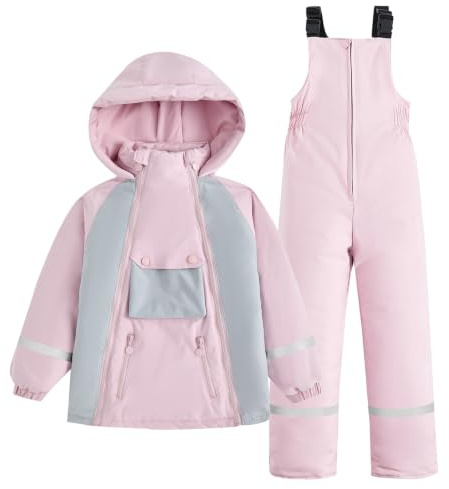 JiAmy Zweiteiliger Schneeanzug für Kinder, Skianzug mit Kapuze mit Praktische Taschen Winddicht Warme Skijacke + Skihose für 3-14 Jahre