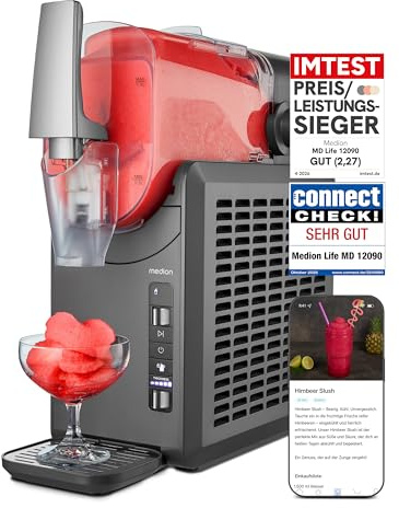 MEDION Slush Maschine (2,6 Liter Slush-Eis Kapazität, 1,9 Liter Fassungsvermögen, Slush Ice Maker für Getränke, 5 Getränkemodi, 30-60 Minuten Zubereitungszeit, Kompressor, Slush Eis Maschine, MD12090)