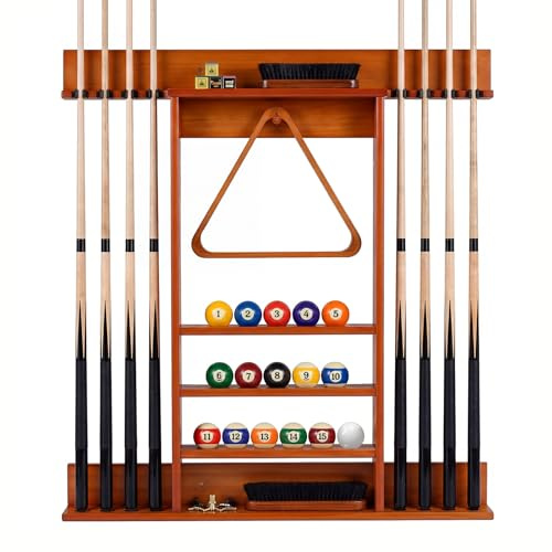 GYMAX Billard Queue Halter Wandmontage für 8 Queues, 15 Kugeln, Kiefernholz | Billard Queue Halterung mit 3 Ballständer, oberes mit Ablage, Wandqueuehalter für Billardzimmer, Bars, Club