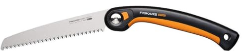 Fiskars Plus Klappsäge, Für dicke Stämme und Äste, 3 Schneidpositionen, Scharfes Power Tooth-Blatt, Grobzahnung, Blattlänge: 21 cm, Schwarz/Orange, SW69, 1067553