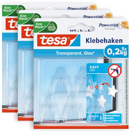 tesa Powerstrips DECO Haken SMALL im 3er Pack - Klebehaken für Deko an Glas und Spiegel - bis zu 200 g Haltekraft - 3 x 5 Haken