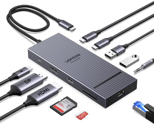 UGREEN Revodok Pro 2111 Docking Station 2 Monitore mit HDMI & DisplayPort 4K@120Hz, 400mm Kabellänge,10Gbps USB-C, USB-A, SD/TF, LAN, Audio, 100W PD - Kompatibel mit ThinkPad X1, HP Envy 17, XPS 15