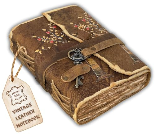 Urban Leather Lebensbaum Herz Print Vintage Leder Tagebuch mit Schlüssel Notizbuch mit Altem, Unliniertem Büttenrand und Handgefertigten Seiten, Geschenk für Männer und Frauen