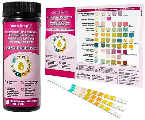 150 x One+Step Urin Teststreifen für 10 Parameter I Mit Farbkarte für genaues hygienisches Ablesen I Keton, Glukose, Bilirubin, spez. Dichte, Blut, pH, Protein, Urobilinogen, Nitrit, Leukozyten