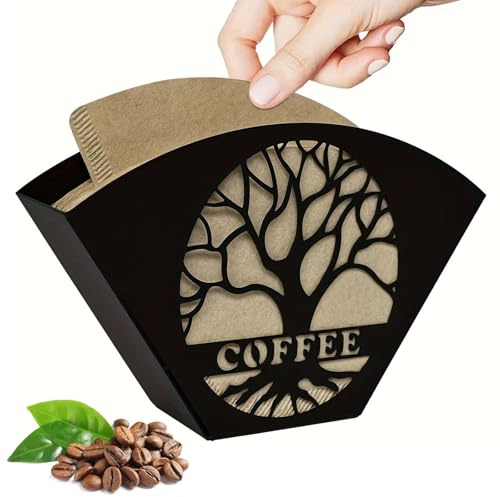 EAAGHK Kaffeefilterhalter, 18x11 cm Schwarzer Filtertütenhalter Eisen Schöner mit Baum des Lebens-Dekor V-förmige Multifunktional Serviettenhalter Wandhalter Papierfilter für Café Hotel Bar Zuhause