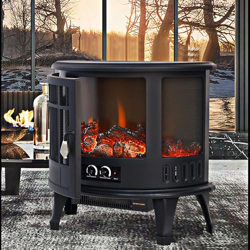 INMOZATA Kamin Elektrisch mit Heizung 1800W, Standkamin mit 3D-Flammeneffekt, Elektrokamin mit Einstellbarer Thermostat, Dimmer, Heizfunktion, 180° Panorama-Sichtfenster