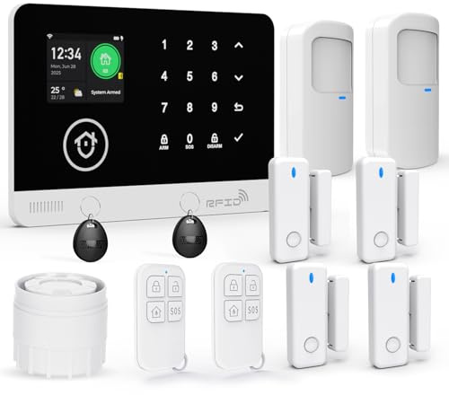 Alarmanlage Haus, WLAN/GSM SMS Funk Drahtloses Alarmanlage Wohnung mit Bewegungsmelder, 120dB Alarmsirene, Intelligenter Fernbedienung, Kompatibel mit Alexa und Google (12 Teile)