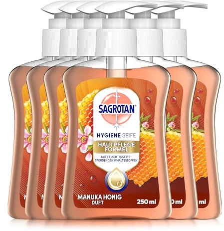 Sagrotan Handseife Manuka Honig – Feuchtigkeitsspendend und stark gegen Bakterien – 6 x 250 ml Handseife