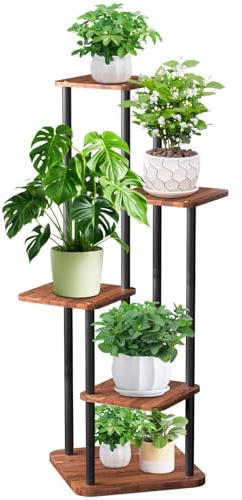 OUUTMEE Pflanzenständer Blumenständer indoor 5 Etagen Pflanzenregal Blumentreppe Metall Blumentopf Mode Pflanztisch （Holzfarbe）