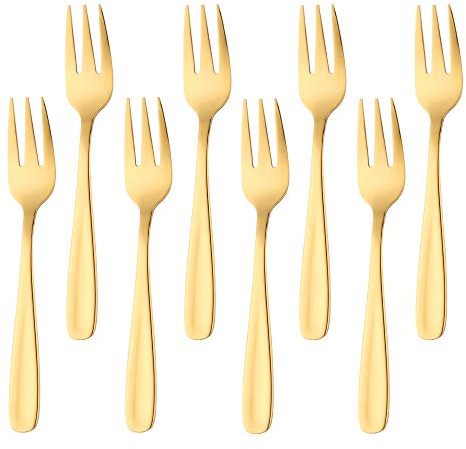BISDARUN Dessertgabeln Rostfreier Stahl Kuchen Gabel Obst Gabel 8-teilig Gold Gabeln Satz Spiegelpolitur 13,6CM/5.35 Inch
