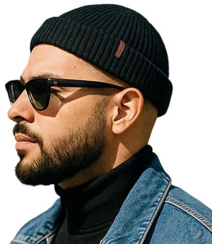 Comhats Fischer Mütze Herren Wollmütze Kurz Docker Haube Trawler Fisherman Beanie Hat Damen Merino Wolle Strick Winter Cap Großer Kopf Ski M/L Schwarz