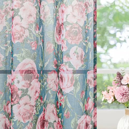 L.Z.E Gardine Grün Rosa für Küche Fenster Bedruckt Blumen Vorhang mit Ösen Kurz Transparent Gardinen Vorhänge für Wohnzimmer Schlafzimmer 2er Set Schals 175 cm Dunkelgrün (LZE2227E-FL175)