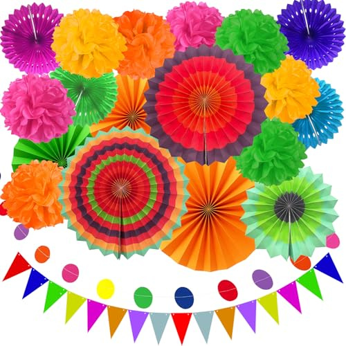 KELAV Bunt Party Deko Gartenparty - Aufhängen Fächer, Pompons Blumen, Papier Wimpel und Punktekette, Pompons Deko Set für Partydeko Geburtstag, Hochzeit, Babyparty, Fiesta Party Dekoration 20 Stück