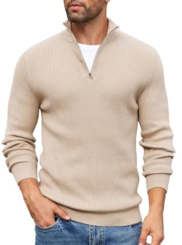 COOFANDY Pullover Herren Troyer Strickpullover Regular Fit Rollkragenpullover mit Reißverschluss 1/4 Zip Winterpullover Pulli Sweater Feinstrickpullover Hautfarbe M