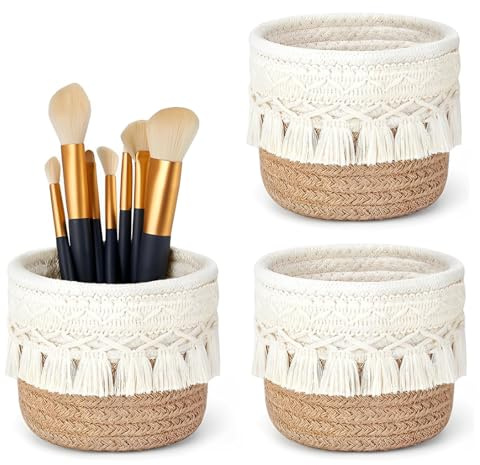 LOLYSIC 3 Stück Make up Pinselhalter,Aufbewahrungsbox Baumwoll Korb,Kammpinsel,Mini Aufbewahrungskorb,Aufbewahrungskorb Geflochten Klein,Aufbewahrungsbox,Boho-Dekorkörben für Stifte, Bleistifte,Braun