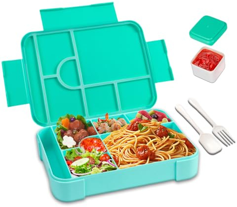 lompyeu Brotdose Kinder mit Fächern, 1330ML BPA Frei Jausenbox Kinder (Löffel & Gabel), Wiederverwendbar Bento Box，Lunchbox Vesperdose für Schule,Picknick, Mikrowellen (Ozeanblau brotdose)
