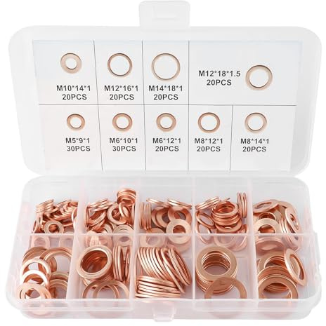 200 Stück Kupferdichtringe Sortiment Flach Unterlegscheiben Ölablassschraube Kupfer Dichtung Kupfer Flach Dichtungsringe Set M5 M6 M8 M10 M12 M14 (9 Größen)