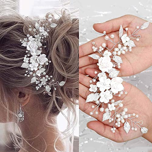 WiDream Silber Kristall Stirnband, Blume Blatt Kopfschmuck, Kristall Braut Kopfschmuck Perle Strass, Hochzeit Haarschmuck für die Braut, Haarschmuck für Frauen und Mädchen (Silber)