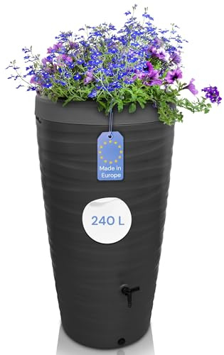 YourCasa Regentonne 240 Liter [Wave Design] Regenfass Frostsicher aus Kunststoff - Regenwassertonne mit Wasserhahn - Regenwassertank Garten Regenwassersammler Wasserfass Regentonne schmal (Anthrazit)