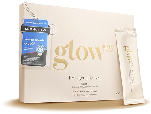 Glow25® Kollagen Intensiv [30 Sticks] – mit Tripeptiden, Vitamin C, Zink und Biotin – Premium Marine Collagen Hydrolysat – Peptide Typ 1 und 3 – Gute Löslichkeit