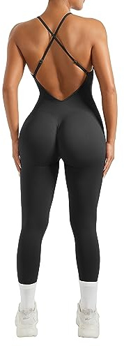 RXRXCOCO Spaghetti Strap Gerippte Jumpsuit Damen Eng Rückenfreie Padded Overall Bauchweg Yoga Sport Einteiler Romper Bodysuit