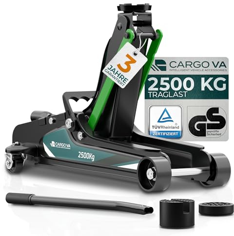 Wagenheber hydraulisch 2,5T – TÜV – 85-380mm Hub – flach für tiefergelegte Autos – Rangierwagenheber inkl. Gummiauflagen [Karton]