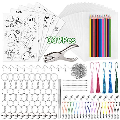PLULON 339 Stk schrumpffolie set, 20 leeres schrumpfendes Dinkpapier, 5 Schrumpfkunstpapier mit Muster, Locher, Buntstifte, Schlüsselanhänger Zubehör für DIY Ornamente, Kunsthandwerk