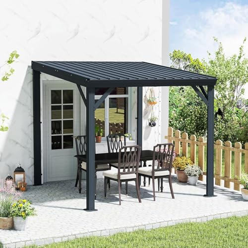 Domi Wandmontierter Pavillon, 2,4 x 2,4 m, Terrassenüberdachung mit eingebautem Entwässerungssystem, verzinktem Stahldach, Hardtop-Terrassenunterstand für Deck, Veranda, Hinterhof und mehr, Grau