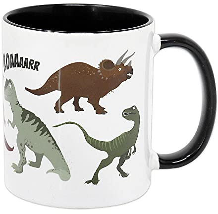 Close Up Dino Tasse Keramik - Kindertasse Dinosaurier, ca. 350 ml, weiß, Schwarze Innenseite + Henkel