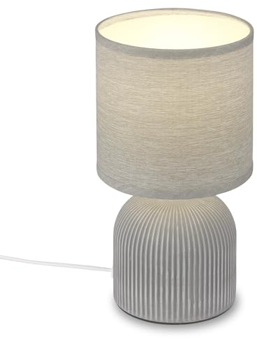 BRILONER - Tischlampe mit Stoffschirm, Kabelschalter, Keramikfuß, Lampe, Nachttischlampe, Tischleuchte, Dekolampe Flur, Bürolampe, Leselampe, Wohnzimmer, Schlafzimmer, 15x28 cm (DxH), Grau