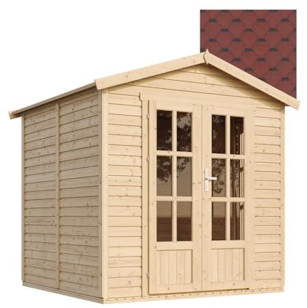 TIMBELA M351FB: Modernes Holzhaus als Home-Office, Abschließbares Gartenhaus mit Bitumenschindeln in roter Farbe, B233xT222xH233 cm