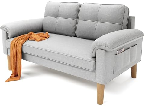 Xbro Sofa 2 Sitzer, 144 x 77 x 77 cm Kleine Couch 2 Sitzer mit Armlehne und Seitentasche, Modernes Stoffsofa für Wohnzimmer, Wohnung, Büro, Einfache Montage, Hellgrau