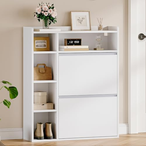 HEXCELEN Schuhschrank Schmal mit 2 Klappen, Schuhkipper, Schmaler Schuhkommode mit 5 Offene Fächer, Verstellbar, Schuhregal für 8-12 Paar Schuhe, für Flure, Eingang, 84,7 x 24 x 102 cm, Weiß