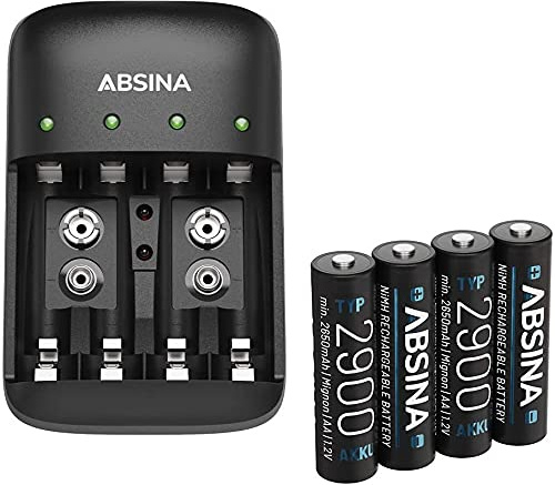 ABSINA Akku Ladegerät AA AAA & 9V inkl. 4X AA 2900 Akkus - NiMH Batterieladegerät 4-Fach für wiederaufladbare Batterien - Akkuladegerät - Battery Charger
