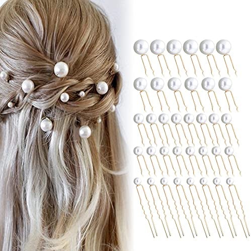THETAG Hochzeit Perlen Haarnadeln, 36 Stück U-förmige Perlenhaarnadel, Brautperlen Haarnadeln, Haarschmuck für Brautfrisur und Brautjungfernfrisur (Golden)