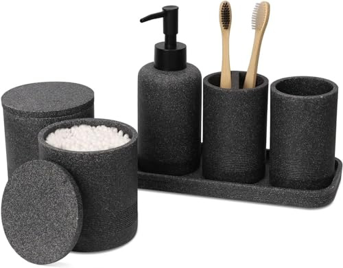 ZCCZ Badezimmer Set – 6-teiliges Organizer-Set mit Zahnbürstenhalter, Seifenspender, Schale für Kosmetik und Wattestäbchen – Elegante Deko in Marmor-Optik, schwarz für modernes Bad