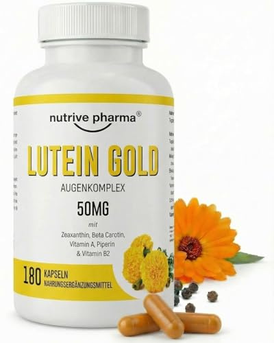 Lutein 50mg mit Zeaxanthin, Beta Carotin, Vitamin A & B2, Piperin | 180 Kapseln | Augengesundheit & Blaulicht-Schutz | Gentechnik- & glutenfrei | von nutrive pharma