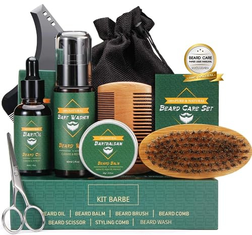 CUSMAY Bartpflege Set für Männer 9 Teilig,Geschenke Bart Set Herren mit Natürlich Bartshampoo,Bartöl,Bartbalsam,Bartkamm,Bartbürste,Bartschere, Männer Geschenkset für Vatertag Valentinstag Weih
