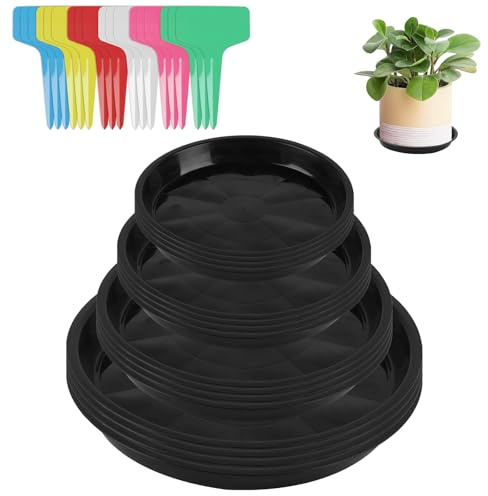 16 STK Untersetzer Blumentopfuntersetzer Pflanzen Untersetzer, Pflanzenuntersetzer Rund, Plastik Blumen Untersetzers, Blumenuntersetzer Rund 12/16/18/22 cm, für Innen Außen, mit 24 Etiketten