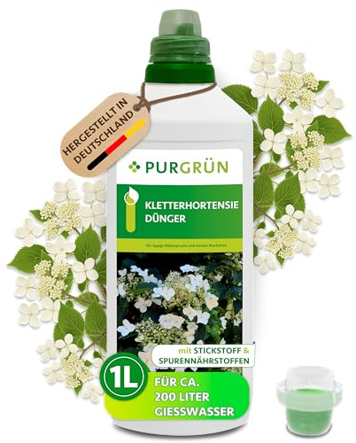 Purgrün® Kletterhortensie-Dünger 1 Liter – Organisch-mineralische Rezeptur – Premium-Flüssigdünger mit Spurennährstoffen – NPK 6+6+8 – Mit Spurennährstoffen – Für leuchtende Blüten