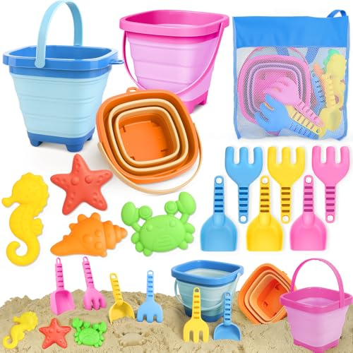 YIMORE Sandspielzeug Set, Reise Sandspielzeug mit Faltbarer Eimer Kinder, 14 PCS Sandkasten Strand Spielzeug für Kinder Jungen Mädchen