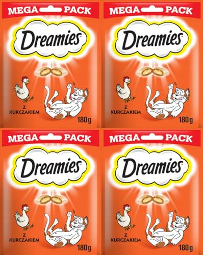 Dreamies Klassiker Katzensnacks mit Huhn – Katzenleckerli mit knuspriger Textur und cremiger Füllung – 4 x 180g