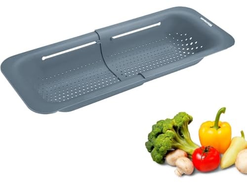 Westmark Abtropfsieb für Spülbecken – Ausziehbares Sieb zum Abtropfen von Obst, Gemüse & Geschirr – Praktische Abtropfschale – Schwarz, 36-49 cm