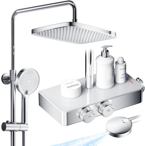 JONKEAN Chrom Duschsystem mit Thermostat und ablage, Duschgarnitur set | 2 in 1 Großer Regendusche mit 1.5M Dusche Edelstahl Schlauch, Höhenverstellbare, Moderne komplettes Montageset