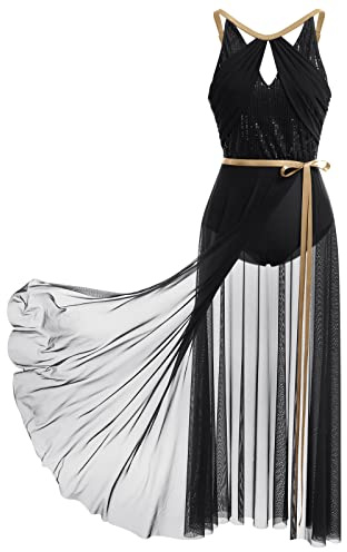 FYMNSI Damen Lyrisch Tanzkleid Ballettkleid ?rmellos Pailletten Trikot Mit Wickelrock Maxikleid T?ll Langes Trikotkleid Modern Contemporary Tanzkost?me Turnanzug B?hnenanzug Kost?m Schwarz L