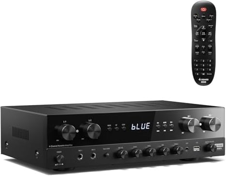 Donner Stereo Verstärker, Prämie 4-Kanal Verstärker mit 1000 W Maximalleistung und Bluetooth 5.0, USB, FM, 2 Mikrofoneingängen, Cinch, Glasfaser/Koaxial Eingang für Heim, Karaoke und Kinolautsprecher