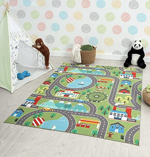 the carpet Happy Life – Kinderteppich Spielteppich Straßen- und Stadtmotiv mit Auto, rutschfest & pflegeleicht, ideal fürs Kinderzimmer, Grün, 140 x 200 cm