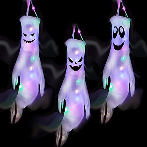 Halloween Deko Geist, 3 Stück Hängende Geister Deko mit Bunt Lichterketten | 120cm Halloween Deko Outdoor, Helloween Ghost Windsack für Garten, Terrasse, Hof, Party Horror Hängen Dekoration(A)